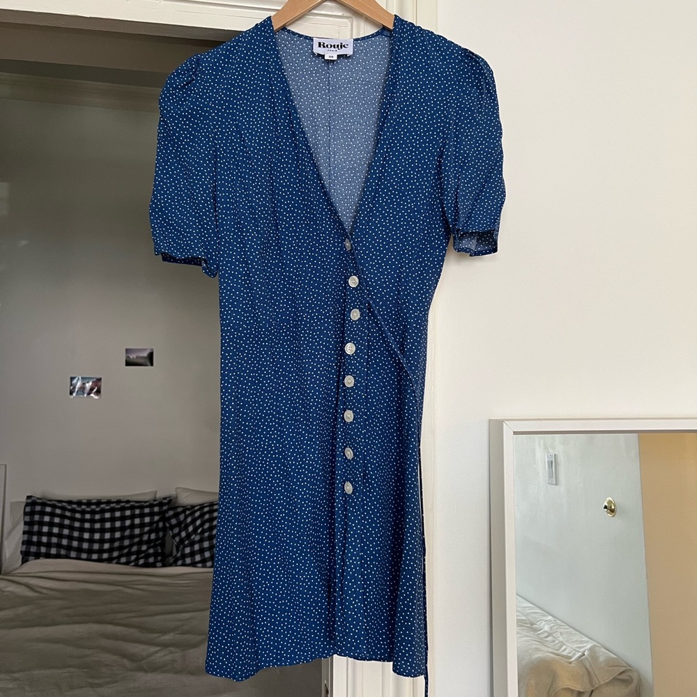 NWOT Rouje Gabinette mini wrap dress in blue dot print, size FR 36 / US 4